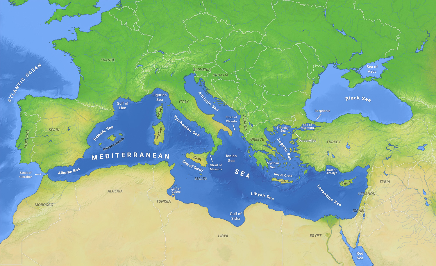 地中海(歐洲、非洲和亞洲大陸之間的一塊海域)