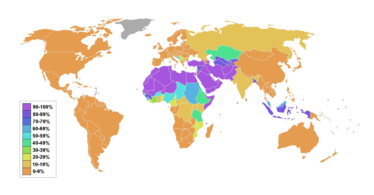世界上信仰伊斯蘭教的國家(百分比)